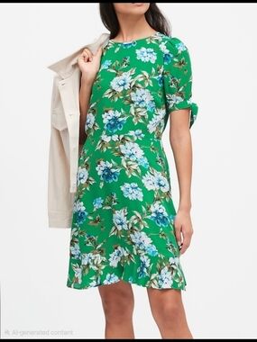 NWT Banana Republic Green Floral Short-Sleeve Ruffle-Hem Dress